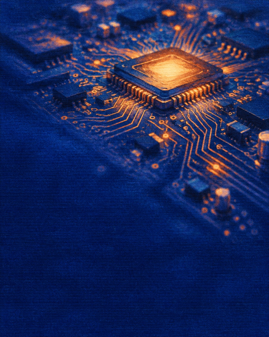 Warm amber pathways surround a glowing processor on a grainy cobalt-blue circuit board